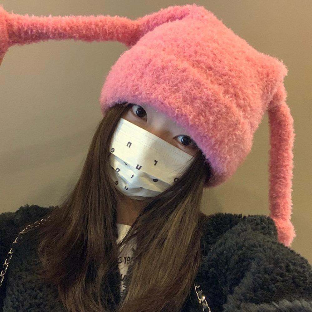 

Long Ear Knitted Woolen Hat Soft Brimless Cap Versatile Big Pullover Hat Women чёрный