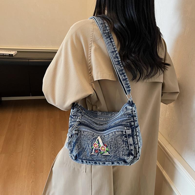 Multi-layer Denim Bag Vintage Shoulder Bag Women's Embroidered Crossbody Bag