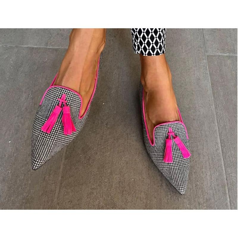 Seasonal new low-heeled pointed cow pattern fringed casual shoes