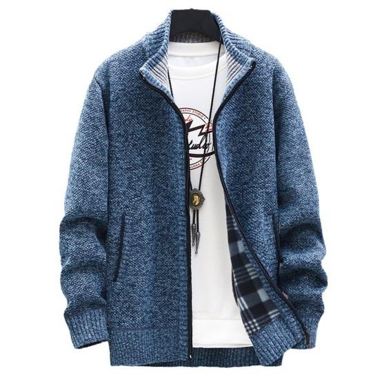 Męski płaszcz zimowy dzianinowy kołnierz ze stójką z długim rękawem gruby ciepły zamek błyskawiczny kieszenie elastyczny Pure Color Casual Men Jacket sweter płaszcz