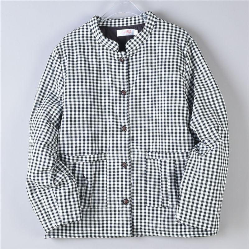 

524 Ретро Куртка из ломаной клетки с хлопковой подкладкой для женщин 76281 Свободная Мама Осень и Зима Стеганая Стойка Воротник Клетчатая Куртка с хлопковой подкладкой Короткая куртка 1 thick grid XL