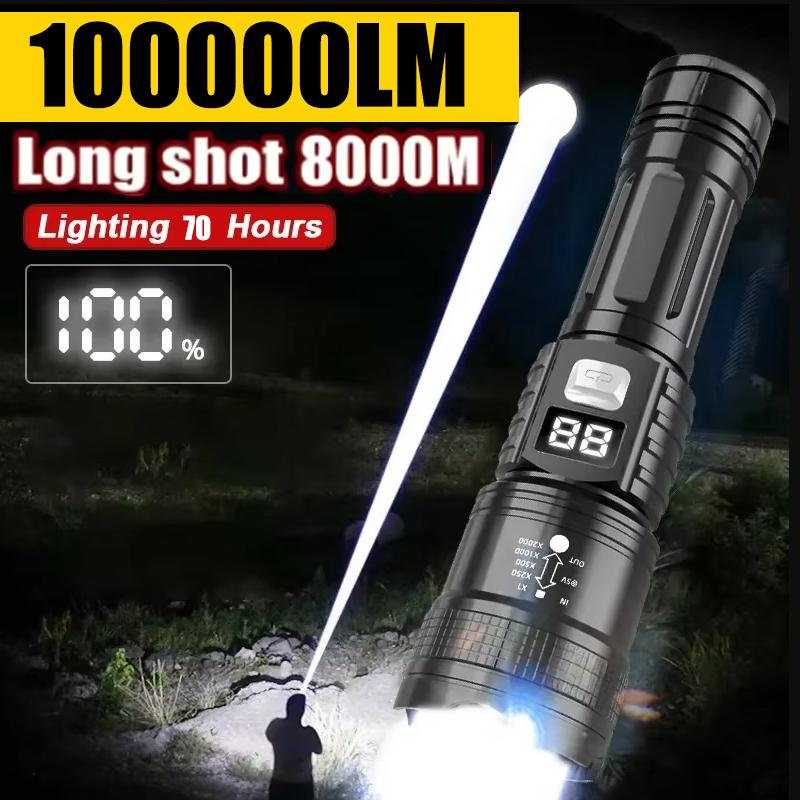 Rechargeable LED Flashlight 100000LM Waterproof for Outdoor Camping Fishing Lantern Super Bright Long Range Tactical Torch