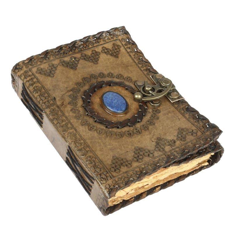 

Embossed Vintage Leather Journal with Lapis Lazuli Stone Book of Shadows Grimoire Handmade Sketchbook Wiccan Spell Book Gift Lock Artbook 7 x 5 in