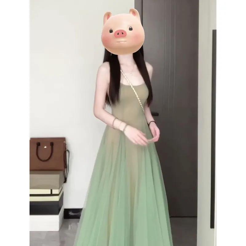 Elegant Summer Spaghetti Strap Dress: Slimming, Color-Blocked Mesh Design for a Unique, Sophisticated Look