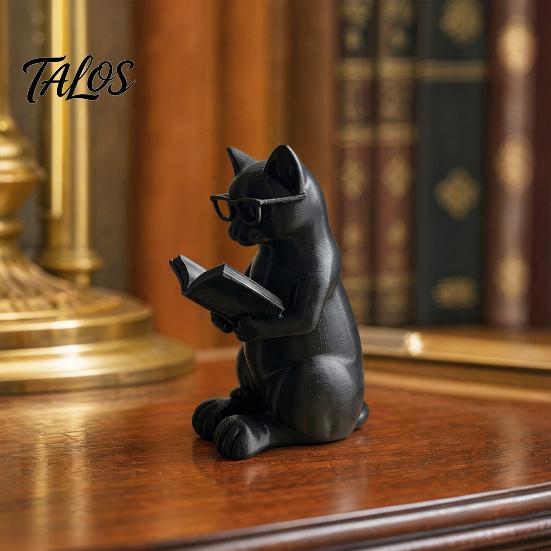 Décoration Chat de Bureau Figurine de Lecture Imprimée en 3D, Ornement Décoratif avec Base Lestée Antidérapante, Pièce d'Art Paresseuse Statue Intellectuelle Œil