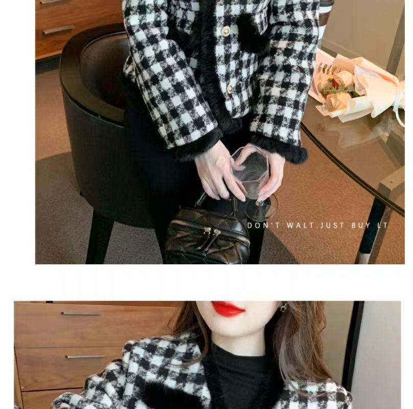 Women's French Chic Houndstooth Chunky Knit Coat - Warm, High-End Autumn/Winter Top with Raw Edges