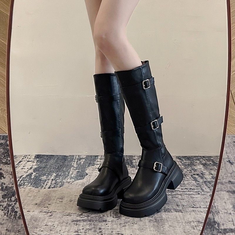 Retro Martin boots women's knee-high boots 2025 new with skirt fashion belt buckle slim boots