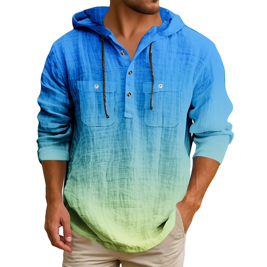 Men's Hooded T-shirt Gradient Color Cotton And Linen Men's Casual Long-sleeved Top