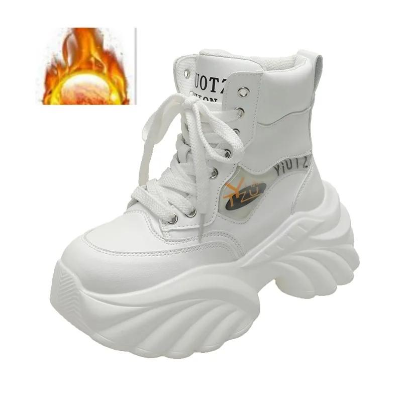 Fashion 8CM Autumn High Top Women Sneakers Lace-up Winter Warm Leather Ankle Boots Casual Canvas Shoes Thick Bottom Fashion Short Boots