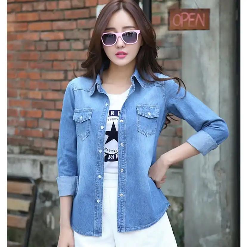 

Однотонная рубашка, женские топы, повседневная женская джинсовая рубашка с длинным рукавом XL темно-синий