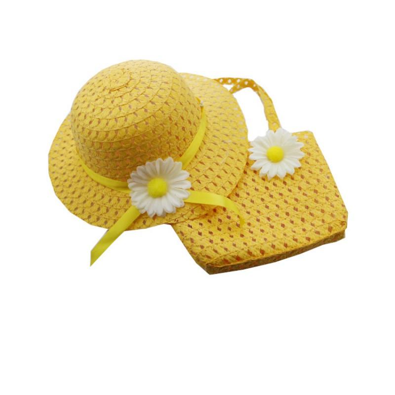 Children Charm Princess Straw Baby Girl Sun Beach Hat Flower Cap & Handbag Lovely Summer