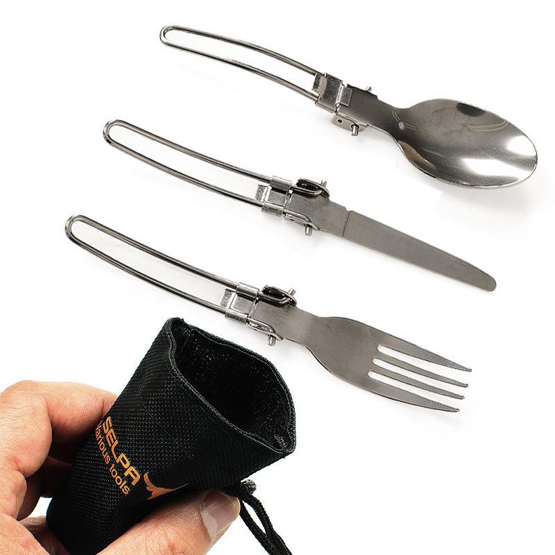 

Stainless Steel Outdoor Picnic Tableware Set Foldable Cutlery Set for Camping Hiking 3Pcs/Set срібний