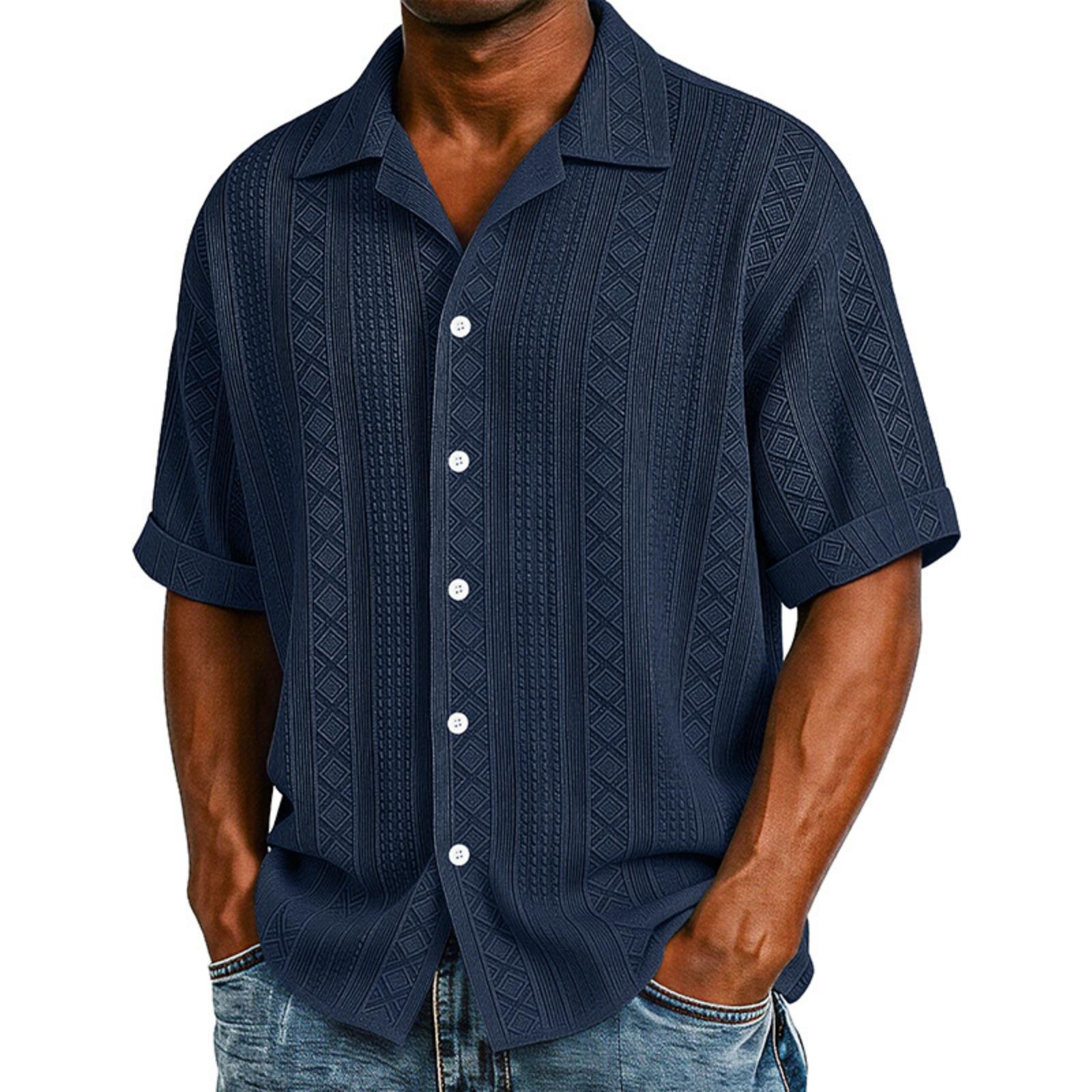 

Men s Casual Stylish Textured Short-sleeved Shirt - Men s Loose-fitting Casual Lightweight Breathable Beach And Vacation Top XXL Темно-синій
