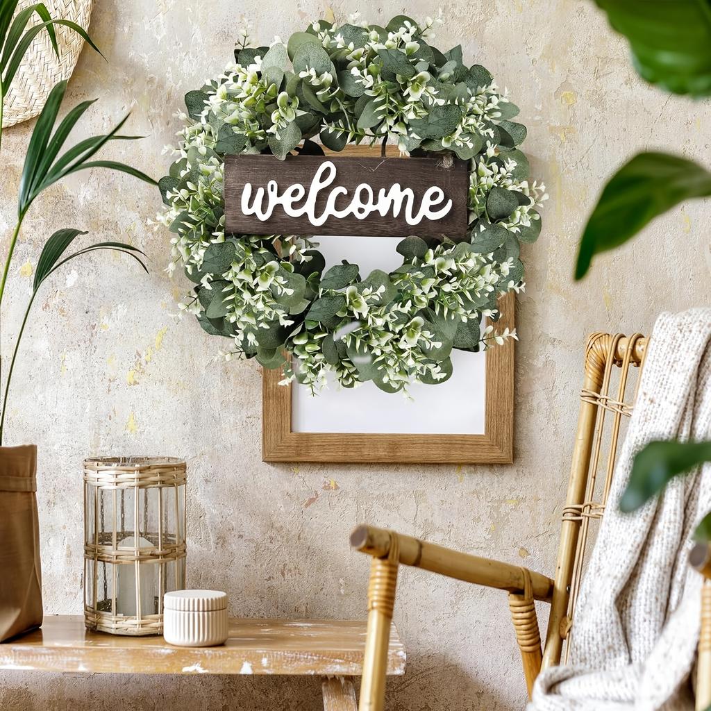 17.7in Green Eucalyptus Leaf Wreath with Welcome Sign | Artificial Spring Summer Wreath for Front Door, Wall, Window