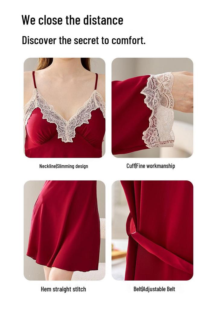 Women's Summer Ice Silk Lace Trim Camisole Nightgown and Robe Set - Elegant, Loose, and Comfortable