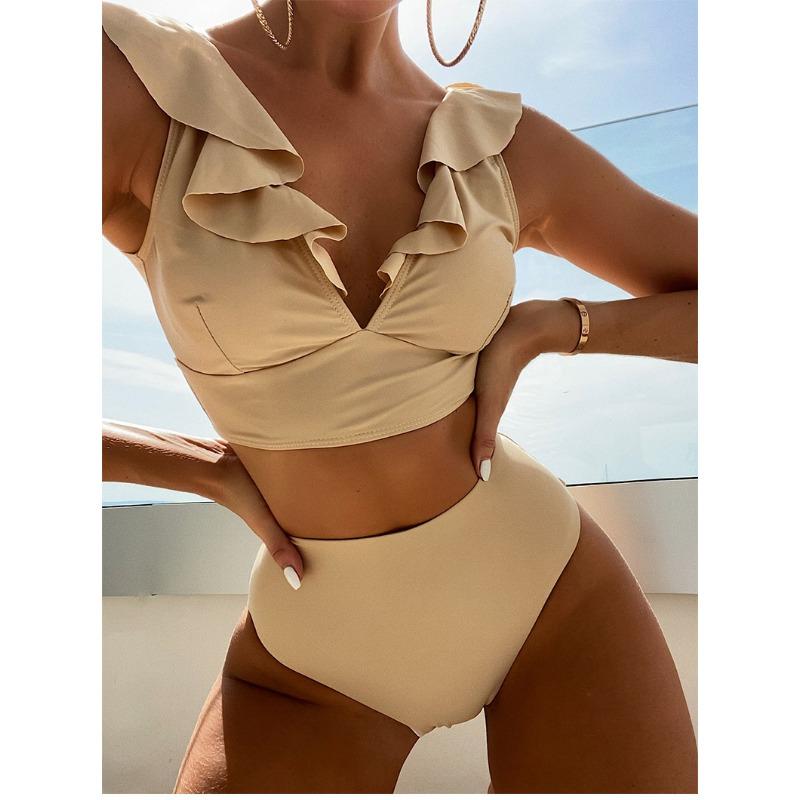 Women Bikini 2 Pieces Solid Color Ruffles Sexy High Waist Bathing Suit Beach Swimwear Female Summer Swimsuit