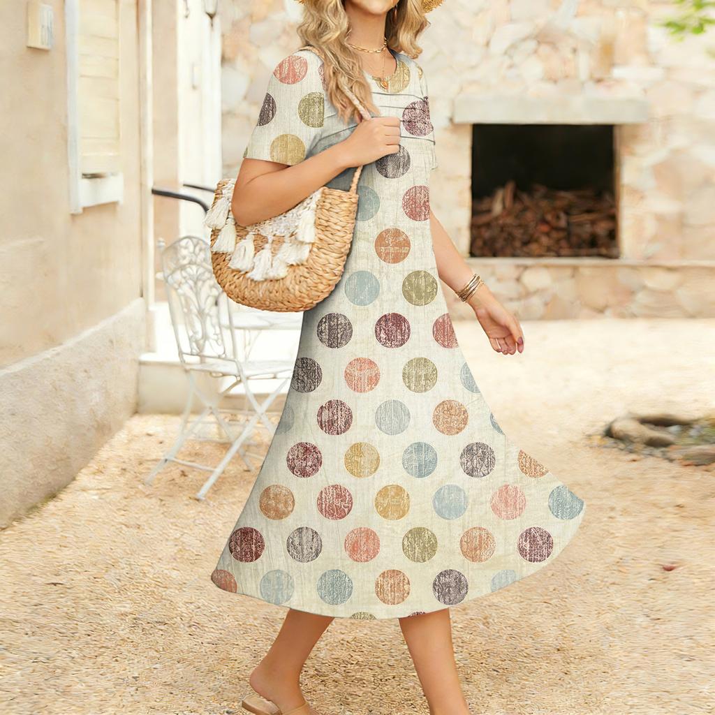 Ladies' Floral Printed Casual And Fashionable Short Sleeved Round Neck Dress