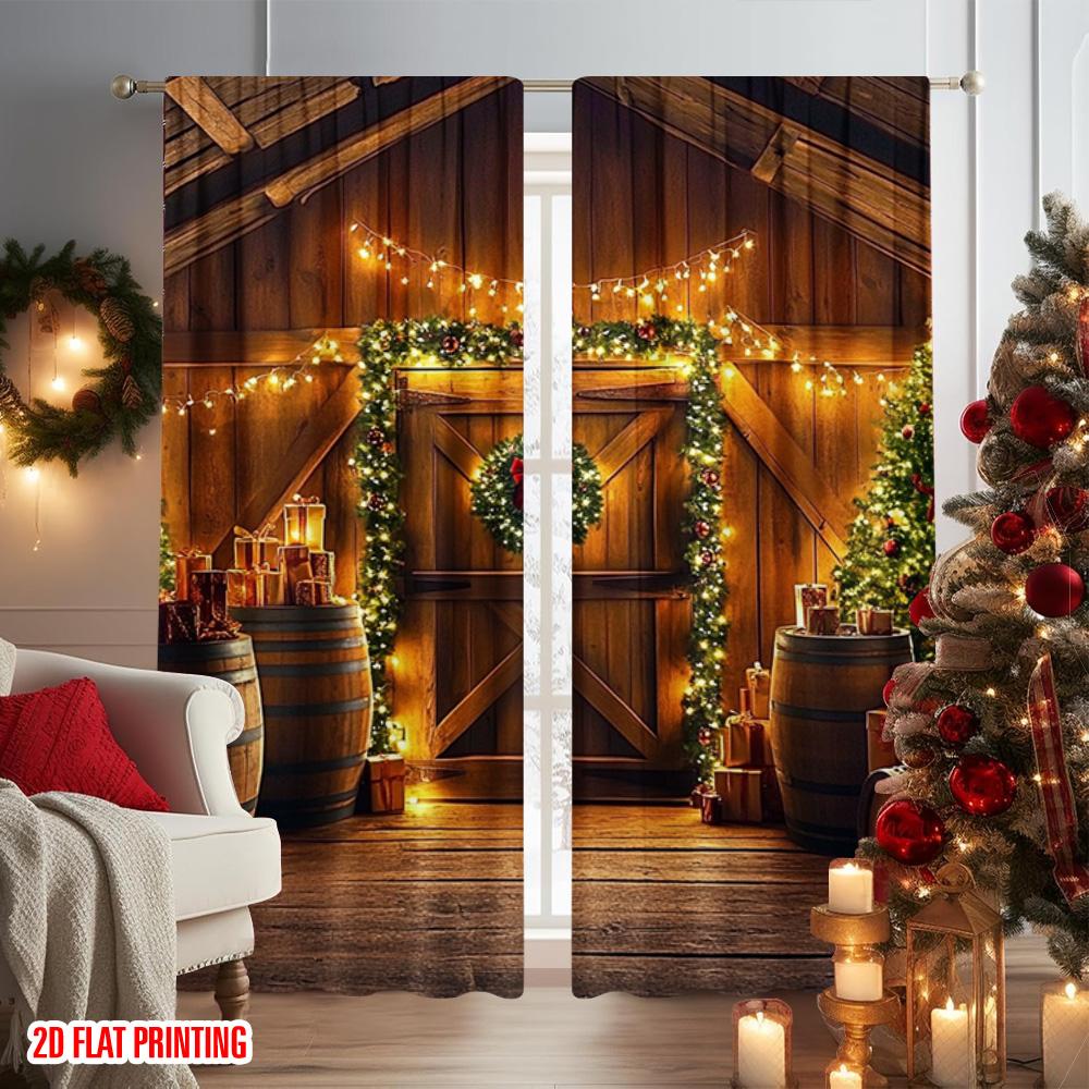 2 Stück 2D-Flachdruck Weihnachtsparty-Vorhang Weihnachtsscheune Szene Vielseitiger Polyesterstoff Ohne Strom Festlich