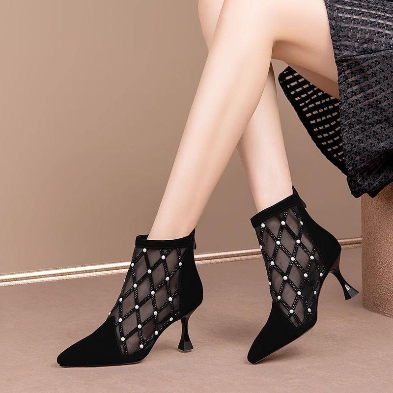 Mesh hollow cool boots women's 2025 new summer thin mesh pointed stiletto high heels Roman net women's boots