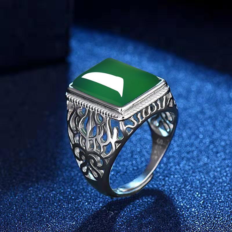 Ethnic Hollow Imitation Green Agate Men Adjustable Ring