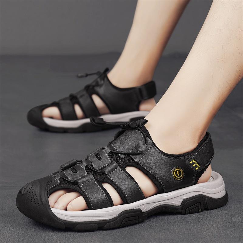Leather Men'S Beach Shoes Fashionable And Comfortable Elastic Band Outdoor Sports Casual Shoes Breathable Hole Sandals