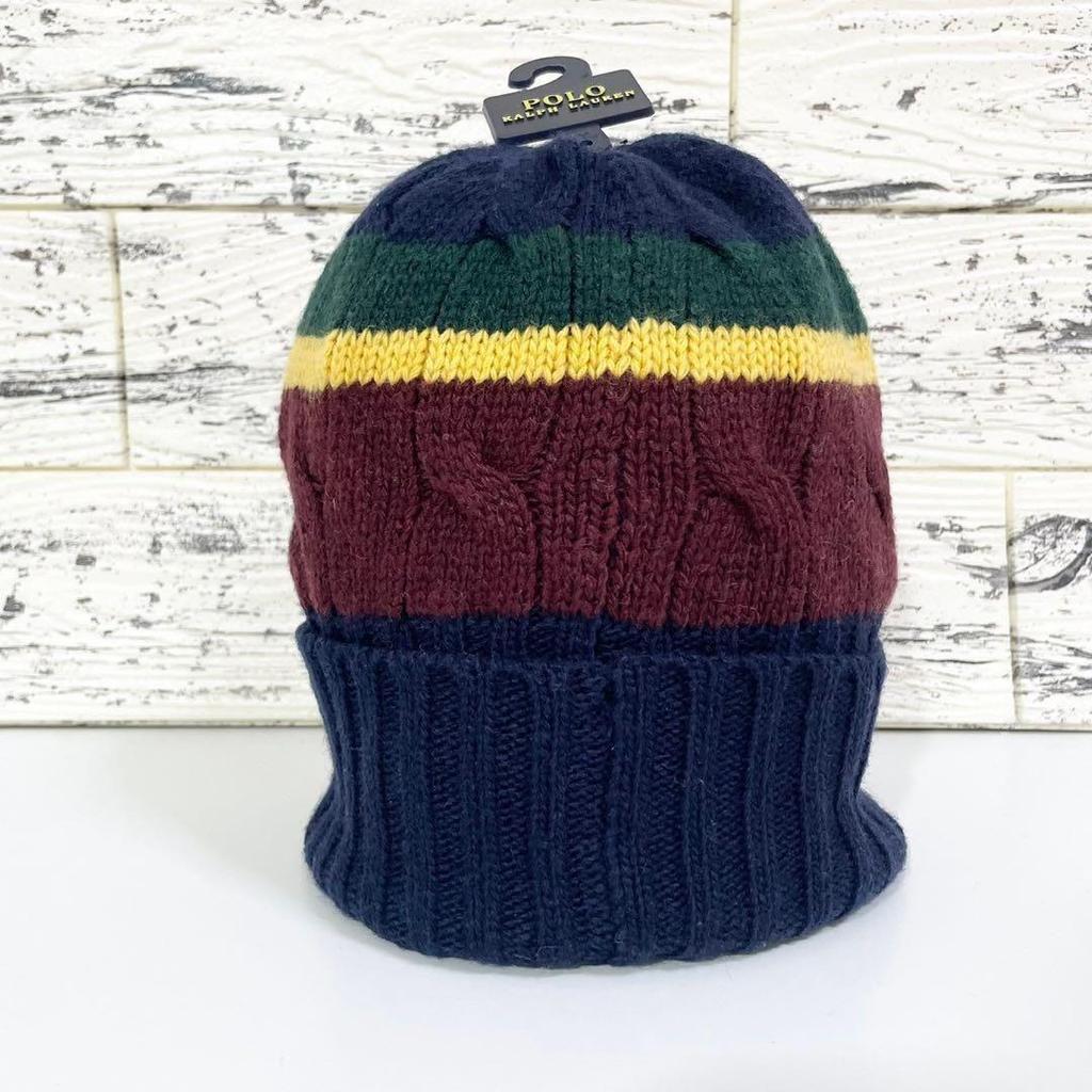 Used Polo Ralph Lauren Knit Cap Beanie Polo Bear with Tag Unused Rugby Border Knit Cap POLO