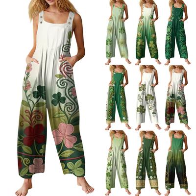 Kadın Günlük Tulumlar Jumpsuitler Ayarlanabilir Askılı Kolsuz Baskılı Rahat Tulumlar Cepli