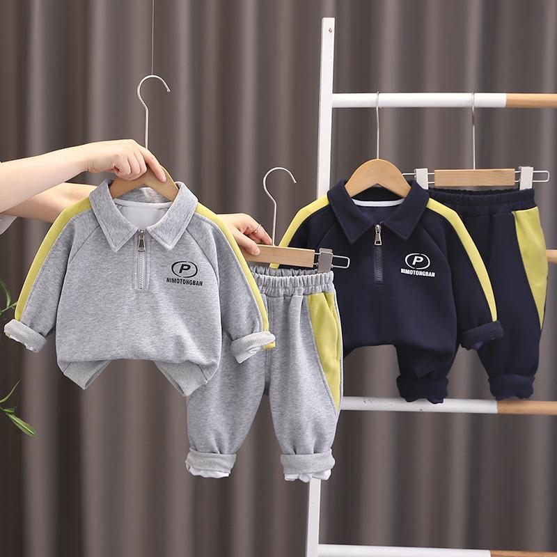 0-5-year-old boys' long sleeved 2-piece set, Children's collar printed hoodie+casual pants set, High-quality clothes for boys