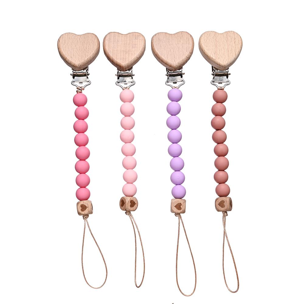 Pendant for Newborn Toys Gift New Beech Wooden Heart Beads Baby Pacifier Chain Clip Silicone Beads Dummy Nipple Holder Teether