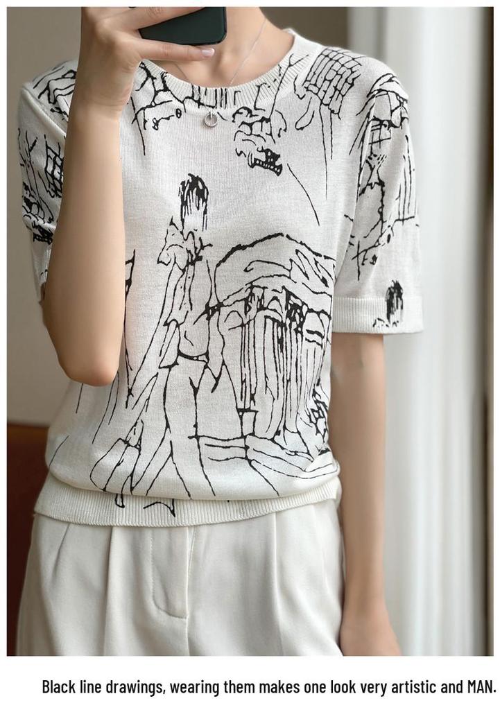 Women's Autumn/Winter Graffiti Wool Sweater: Round Neck, Short Sleeve, Casual Knit Pullover
