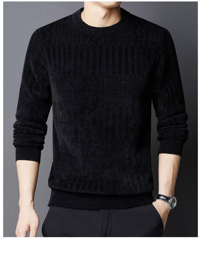 Mid-aged Men's Fleece-lined Warm Chenille Round Neck Base Layer Knitwear for Autumn/Winter