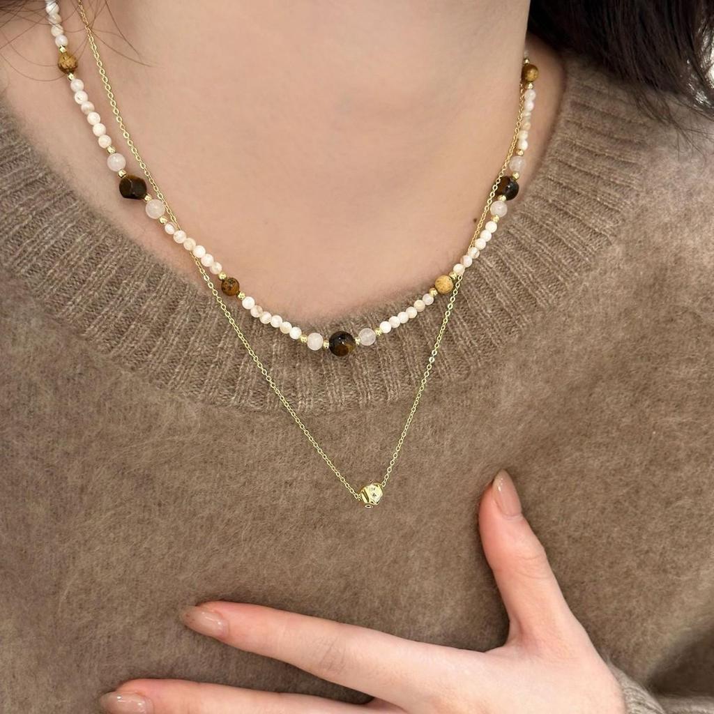 Tiger Eye French Shell Double Layer Necklace - Elegant & Versatile for Sweaters