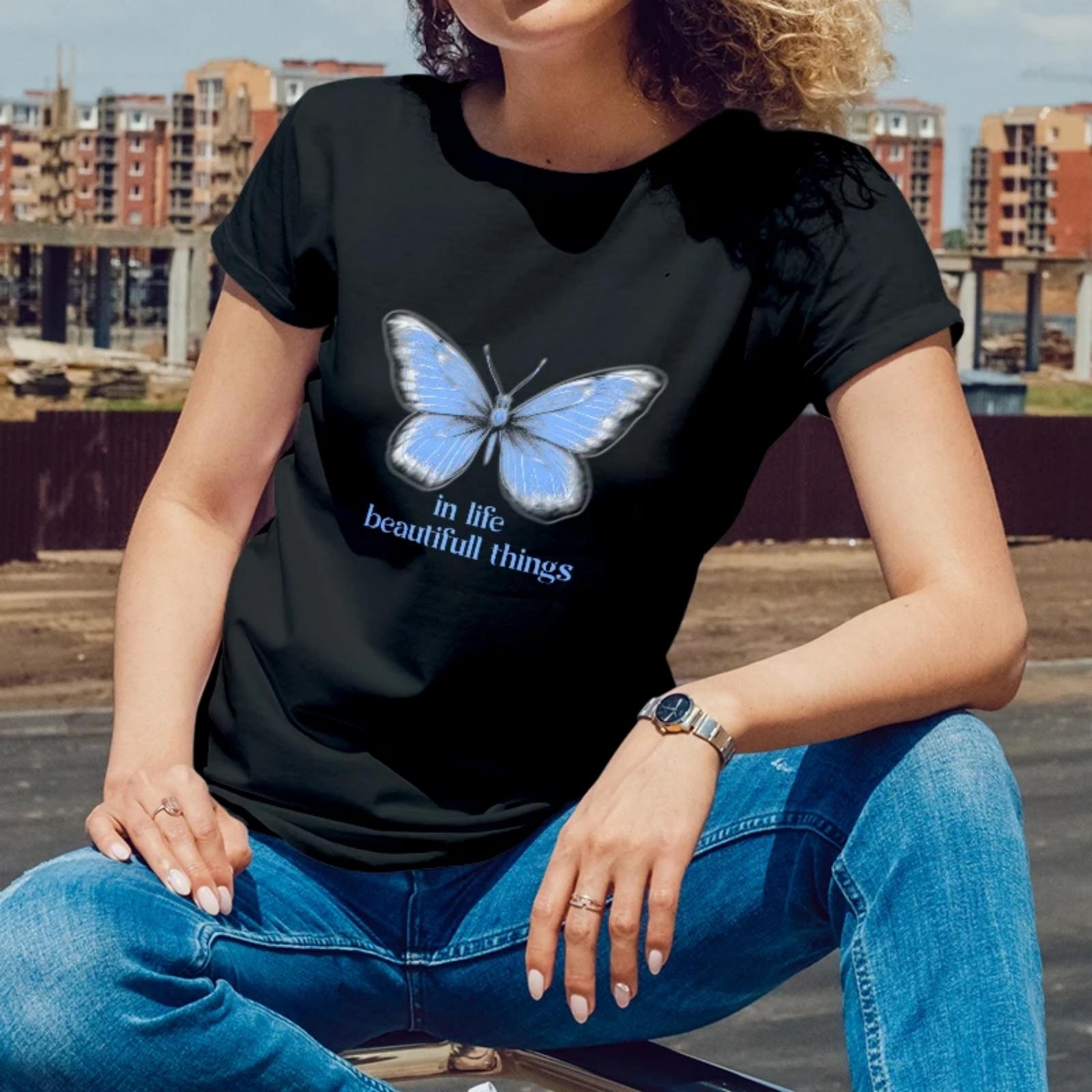 

Butterfly themed Inspirational Print for Summer Casual Outings Short Sleeve T Shirt for Women with an Elegant Style XXXXXL чорний