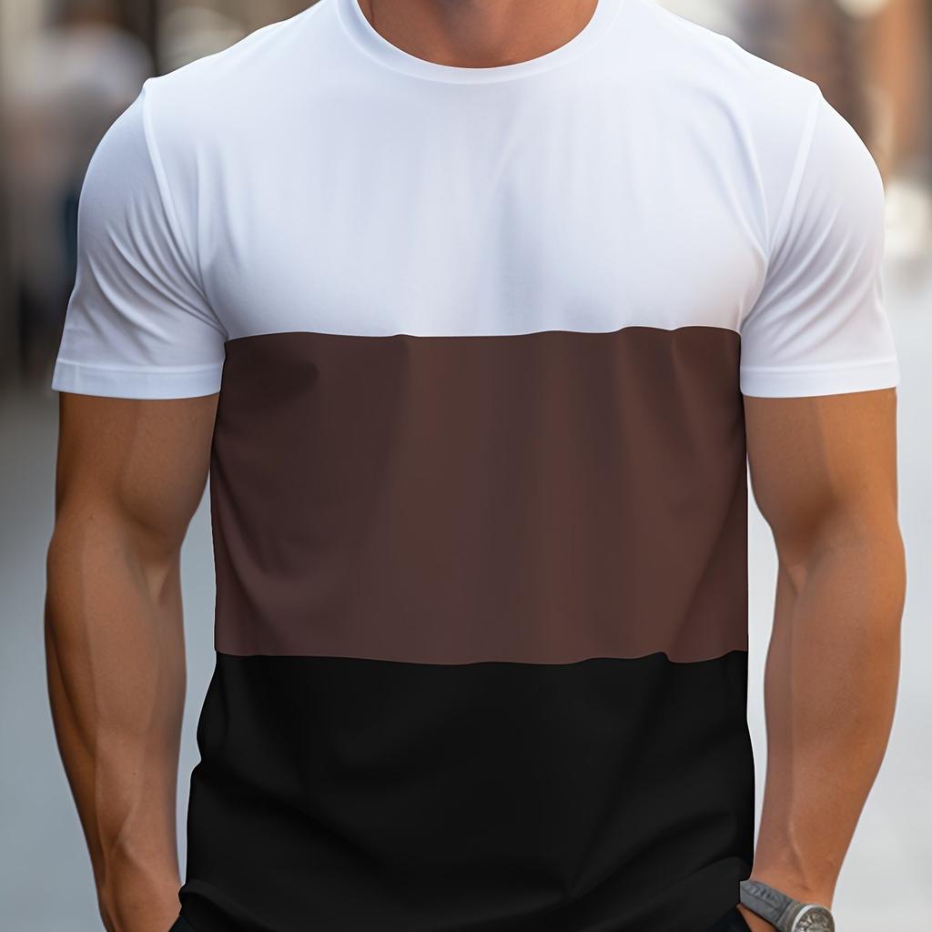Men's Contrast Color Stripe Pattern Print T-shirt With Crew Neck And Short Sleeve, Casual And Comfy For Summer Leisurewear