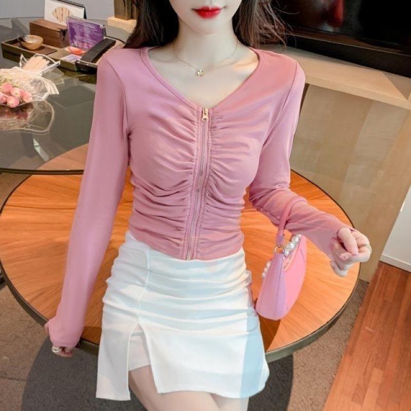 2025 Spring/Fall Fashion Women's Zipper Collar Pleated Long Sleeve Slim Fit Top