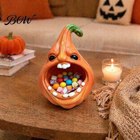 Resin Pumpkin Storage Bowl Big Mouth Box, Halloween Figurine Jewelry Tray, Holiday Desk Ornament Trinket Keys Candy Holder for Home Office Decor