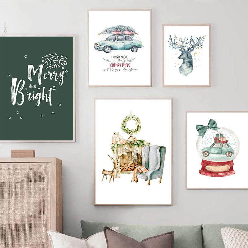 

Christmas Tree Deer Truck Fireplace Gifts Wall Art Posters and Prints Nordic Painting Living Room Home Pictures