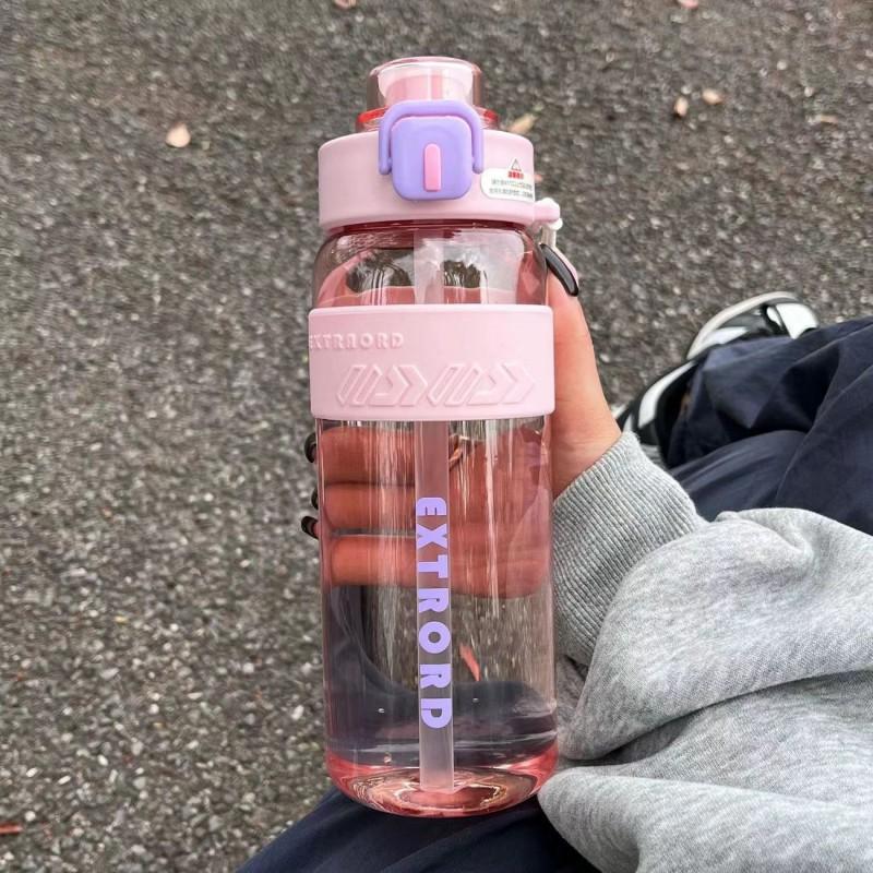 Portable Plastic Water Bottle With Straw Carry Rope Students Outdoor Use Large Capacity BPA-Free PC Cup In Pink Blue Black Pink