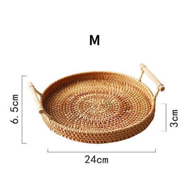 

Rattan Storage Round Basket with Handle Tray Wicker Bread Fruit Food Breakfast Display Home Organization Box Woven Baskets M