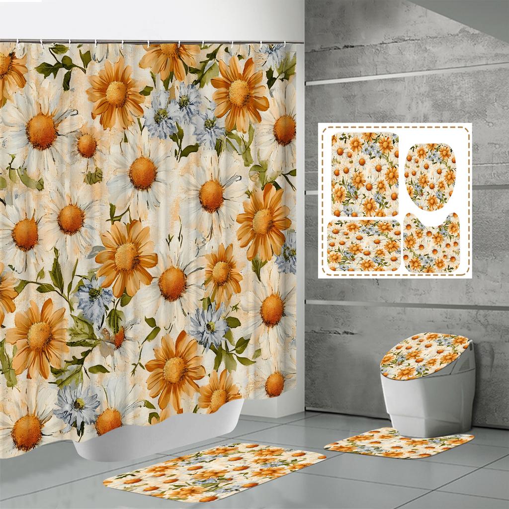 4PCS  Shower Curtain Sets With Shower Curtain And Rugs Toilet Lid Rug U Shape Mat And Bath Mat Bathroom Set  With 12 Hooks