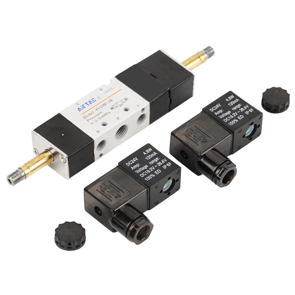 Heschen Elettrovalvola pneumatica 4V230C-08 24VDC PT1/4 5 vie 3 posizioni doppia bobina pilotata elettrico chiuso tipo CE con raccordi e silenziatore