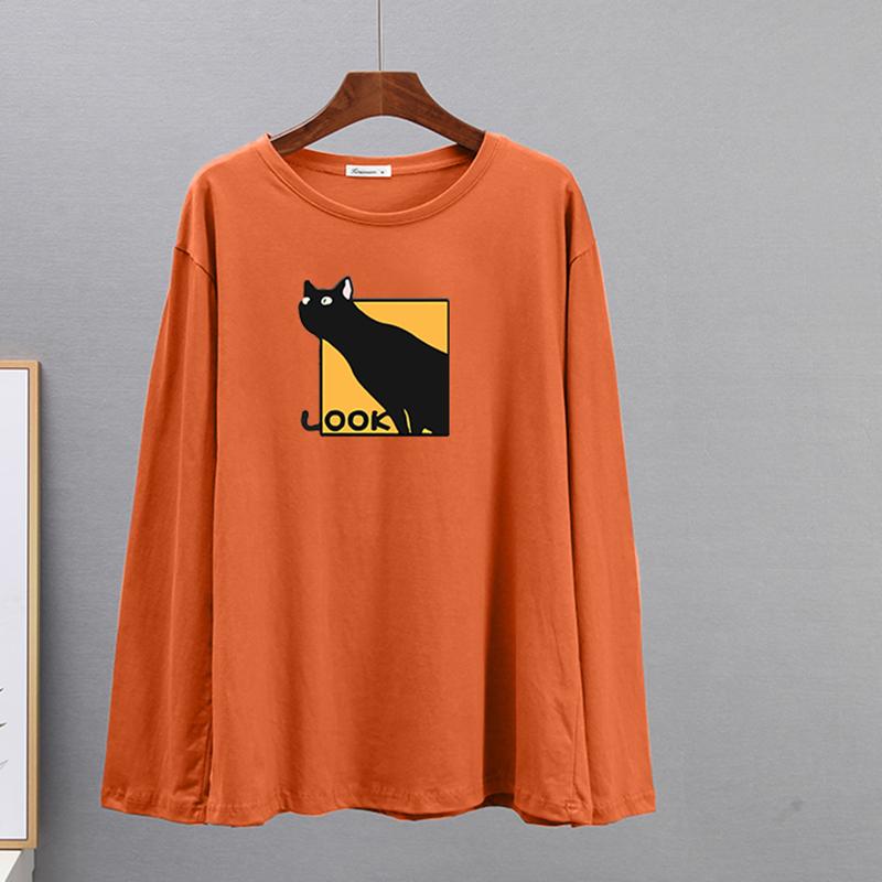Hirsionsan Casual Loose T Shirt Women Spring New Simple Cute Cat O-neck Tees Female Fashion Long Sleeve All-match Tops for Girls