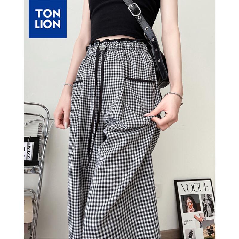

TonLion 2025 Summer Women s High-Waist Plaid Wide-Leg Casual Pants M