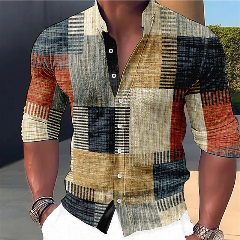 Retro Stitching Men's Long Sleeve Shirt Gradient Stand Collar Outdoor Street Button Designer Casual Breathable Men's Clothing