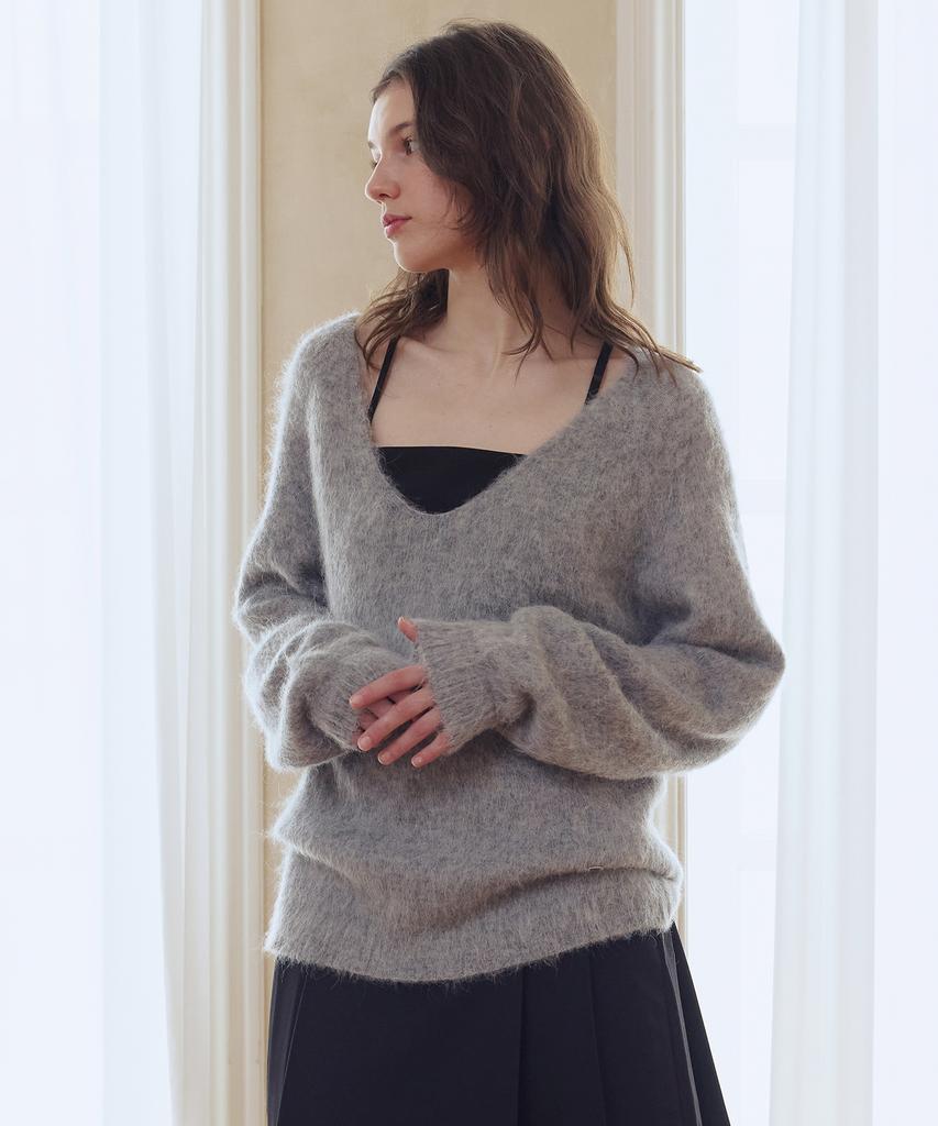 AFTERHOURS Deep V-Neck Alpaca Wool Knit Top (Melange Grey)