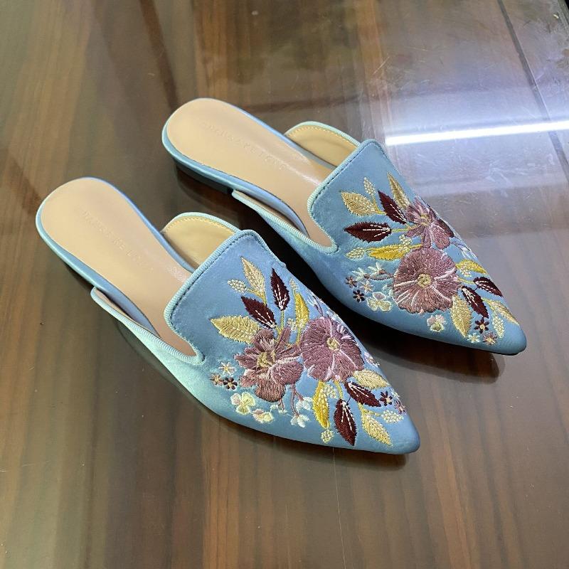 Chengmei Foot Non-slip Women's Single Shoes Embroidered Flower Flat-bottomed Pointed Slippers Bag Head Outer Shoes Retro Ladyshoes
