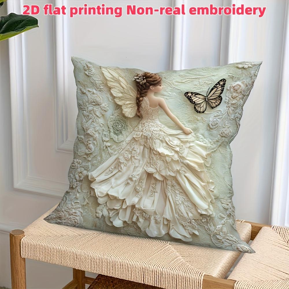 Fairy Floral Butterfly Pillow Cover Faux Embroidery 2D Print Spring Easter Decor Soft Linen Feel For Sofa Bed Living Room Gifts