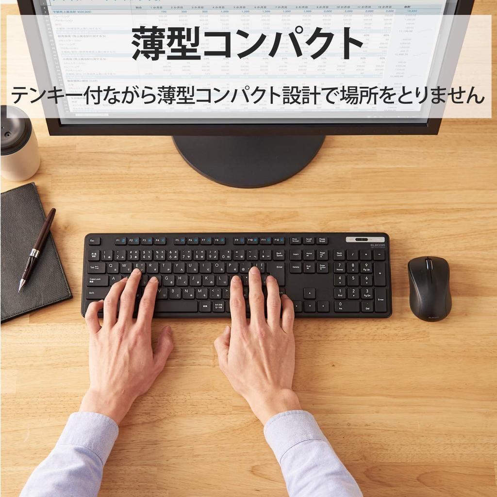 ELECOM Wireless Keyboard and Mouse Set TK-FDM110MKBK, Thin Membrane Type with Numeric Keypad, Black