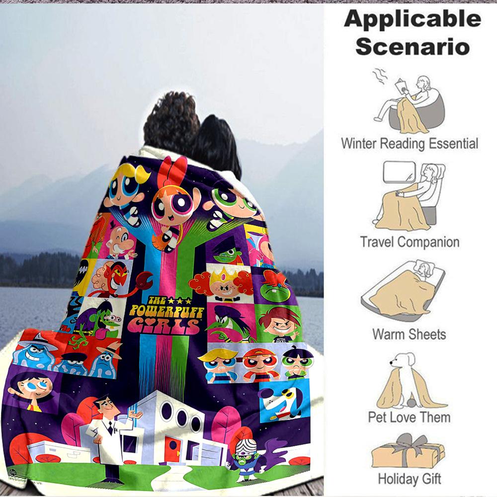 1pc Powerpuff Girls Science Lab Cozy Print Blanket Lightweight Warm Flannel Throw Blanket For Sofa, Bed, Living Room