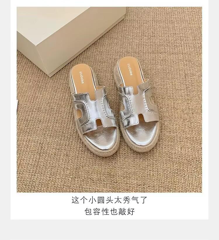 Grape Mother Studiolee Increased by 6cm~ Ruth Has the Same Retro One-word Thick-bottomed Slope Heel H Cool Slippers for Women's Summer